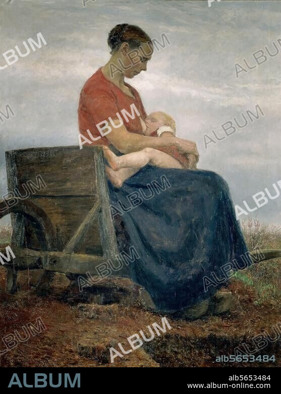 FRITZ MACKENSEN. Mackensen, Fritz. 1866-1953. "Der Säugling" (Frau auf dem Torfkarren, Madonna im Moor, Worpsweder Madonna), 1892. Öl auf Leinwand, 180 × 140 cm. Inv. Nr. 184-1895. Bremen, Kunsthalle.