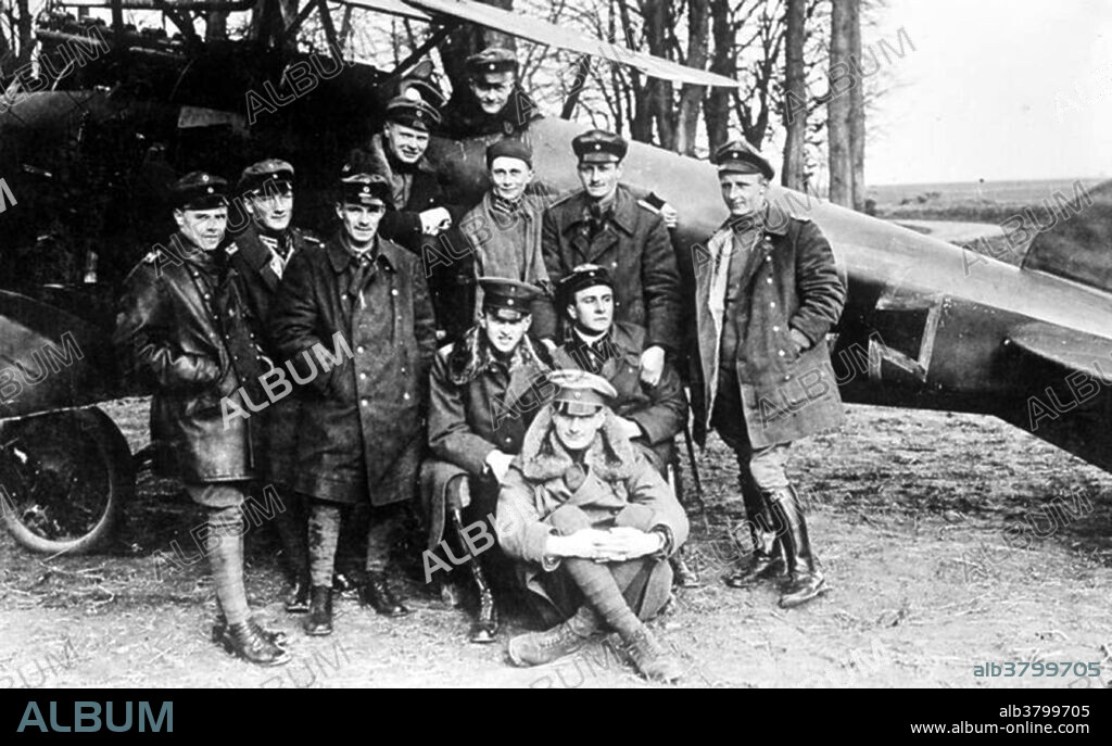 Richthofen (in the cockpit of an Albatros D.III) pictured with members of Jasta 11. Manfred Albrecht Freiherr von Richthofen (May 2, 1892 - April 21, 1918) was a WWI German flying ace with the Imperial German Army Air Service (LuftstreitkrÃ¤fte). Originally a cavalryman, he transferred to the Air Service in 1915, becoming one of the first members of Jasta 2 in 1916. He quickly distinguished himself as a fighter pilot, and during 1917 became leader of Jasta 11 and then the larger unit Jagdgeschwader 1 (Flying Circus). By 1918, he was regarded as a national hero in Germany, and was very well known by the other side. He was a notable tactician and squadron leader and a fine marksman. Typically, he would dive from above to attack with the advantage of the sun behind him, with other Jasta pilots covering his rear and flanks. It was his Albatros D.III that was first painted bright red, in late January 1917, and in which he first earned his name and reputation. Richthofen was shot down and killed near Amiens on April 21, 1918. There has been considerable discussion and debate regarding aspects of his career, especially the circumstances of his death. He is considered the top ace of that war, being officially credited with 80 air combat victories. He remains perhaps the most widely known fighter pilot of all time, and has been the subject of many books, films and other media.
