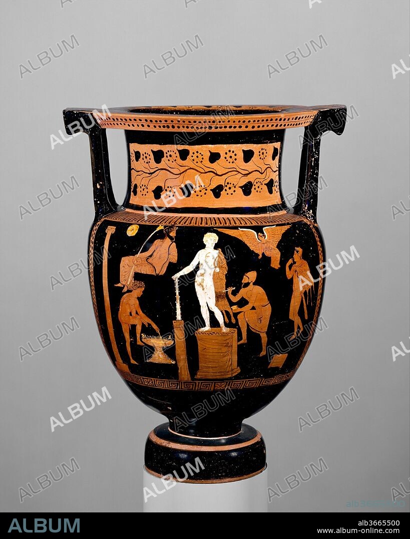 Terracotta column-krater (bowl for mixing wine and water). Culture: Greek, South Italian, Apulian. Dimensions: H. 20 1/4 in. (51.5 cm). Date: ca. 360-350 B.C..
Obverse, artist painting a statue of Herakles
Reverse, Athena with deities
Representations of artists at work are exceedingly rare. This vase illustrates a craft for which virtually no evidence survives, that of applying pigment to stone sculpture using the technique of encaustic. The column and phiale (libation bowl) at the far left indicate an interior space, probably a sanctuary. In the foreground stands a statue of Herakles with his club, bow, and lion-skin. The painter, characterized by his cap and his garment worn to leave his upper body bare, applies a mixture of pigment and wax with a spatula to Herakles' lion-skin. To the left, an African boy tends the brazier
on which rods are heating that will spread the tinted wax. Above, Zeus, ruler of the gods, and Nike, personification of victory, preside as Herakles himself ambles in from the right to survey his image. 
The reverse, in an outdoor setting, shows Herakles' staunch protectress, Athena, seated in conversation with one of the Dioskouroi. To the left, Hermes, the messenger god, turns away from Pan, his son, while Eros plays with a bird below. Surely complementary, the pictures may refer to the apotheosis of Herakles. Rather than driving to Mount Olympos in a chariot, Herakles sees himself monumentalized in stone, while Athena, her task accomplished, takes her ease between divine travelers.