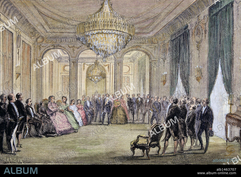 ISABEL II. REINA DE ESPAÑA. MADRID 1830-1904. "ABDICACION DE LA REINA EN FAVOR DE SU HIJO ALFONSO", GRABADO COLOREADO DE LA ILUSTRACION ESPAÑOLA Y AMERICANA".