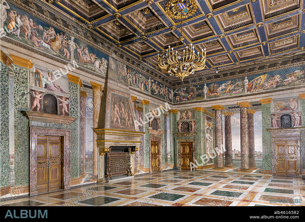 Rome, Villa Farnesina: The Hall of Perspectives, representing views of Rome. Frescoes by Baldassarre Peruzzi (1518-9).. It represents the ideal continuation of the ground floor loggias; through the imitation columns one can see various views: villages perched on rock, countryside views, and in the background, against an illuminated sky, is the city (The Holy Spirit Church, a Roman basilica, the porta Settimiana).