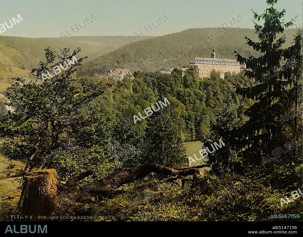 Schloss Schwarzburg I. Thür, Staatliche Landesbildstelle Hamburg, collection on the history of photography, photochrome print, Total: Height: 16,50 cm; Width: 22,50 cm, titled: recto u. li.: title, stamp of the Staatliche Landesbildstelle Hamburg. Stamp Photochrom, in lead: 124, 8131, Photochromie, cabinet 18 box 3, travel photography, landscape photography, mountains, mountain.