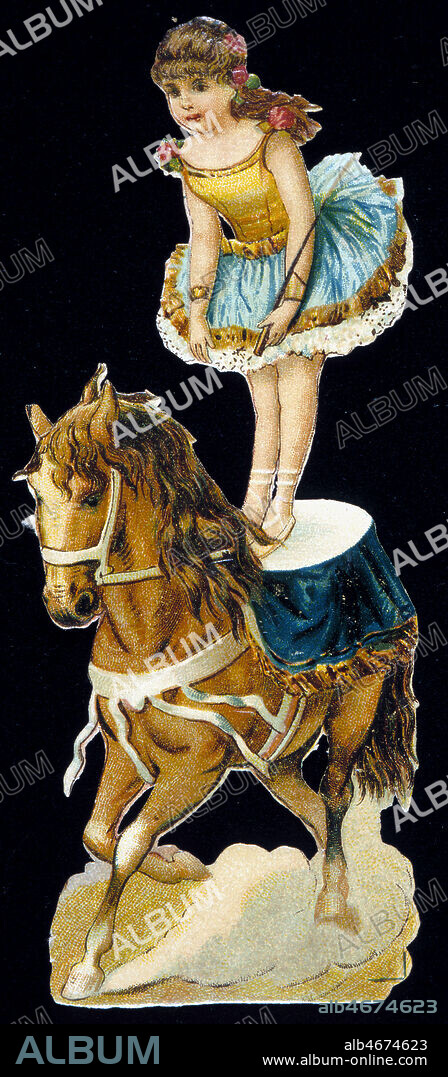 Une ecuyere fait des acrobaties sur un cheval. Chromo sur le cirque sans date. Credit : Collection KHARBINE-TAPABOR.