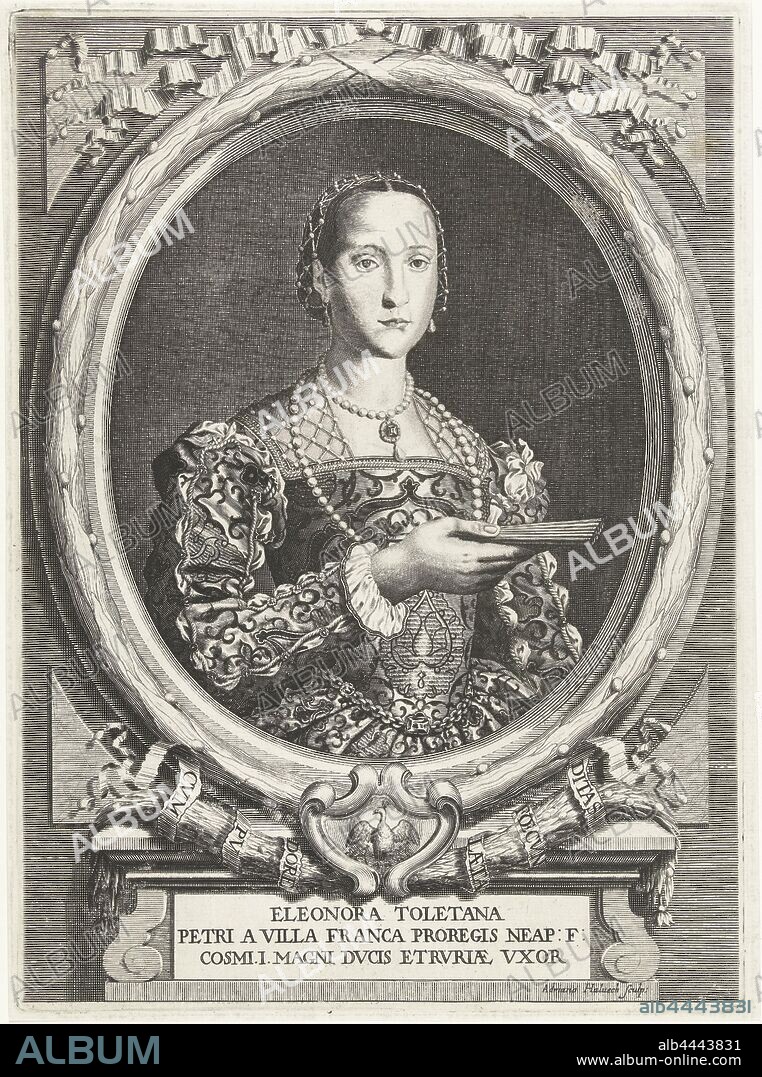 Portrait of Eleonora of Toledo Portraits of the De 'Medici (series title), Half-length portrait to the right of Eleonora of Toledo, Grand Duchess of Tuscany and wife of Cosimo I, with in her hand a folded fan, surrounded in an oval with a laurel wreath. At the bottom in a cartouche a peacock with chicks, below on a tablet under a plinth her name and two lines in Latin, fan, pearl, pearl necklace (women's clothes), accessories (clothing), Cosimo I de'Medici, Eleonora of Toledo, Adriaen Haelwegh (mentioned on object), Northern Netherlands, c. 1647 - c. 1696, paper, engraving, h 347 mm × w 252 mm.