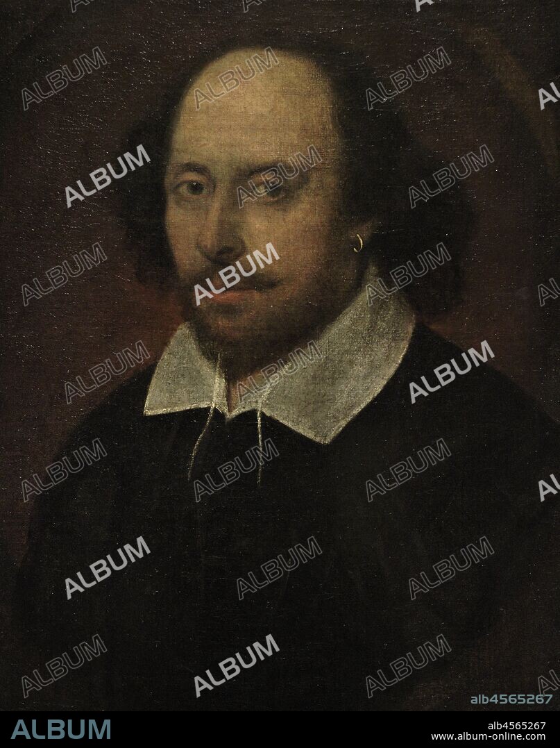 The Chandos portrait. The most famous  portrait that may depict William Shakespeare (1564-1616). Attributed to John Taylor. Oil on canvas (552 mm x 438 mm), c.1610. National Portrait Gallery. London, England, United Kingdom.