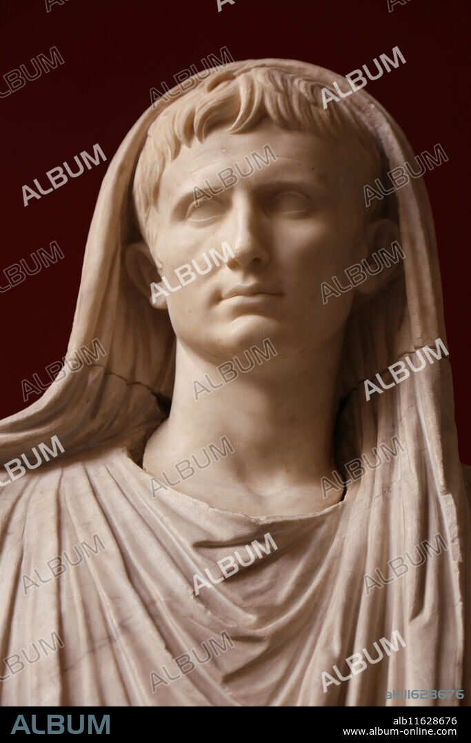Via Labicana Augustus. Sculpture of the Roman Emperor Augustus (63BC-14AD) as Pontifex Maximus. 12BC. National Museum of Rome. Massimo Palace. Rome. Italy.