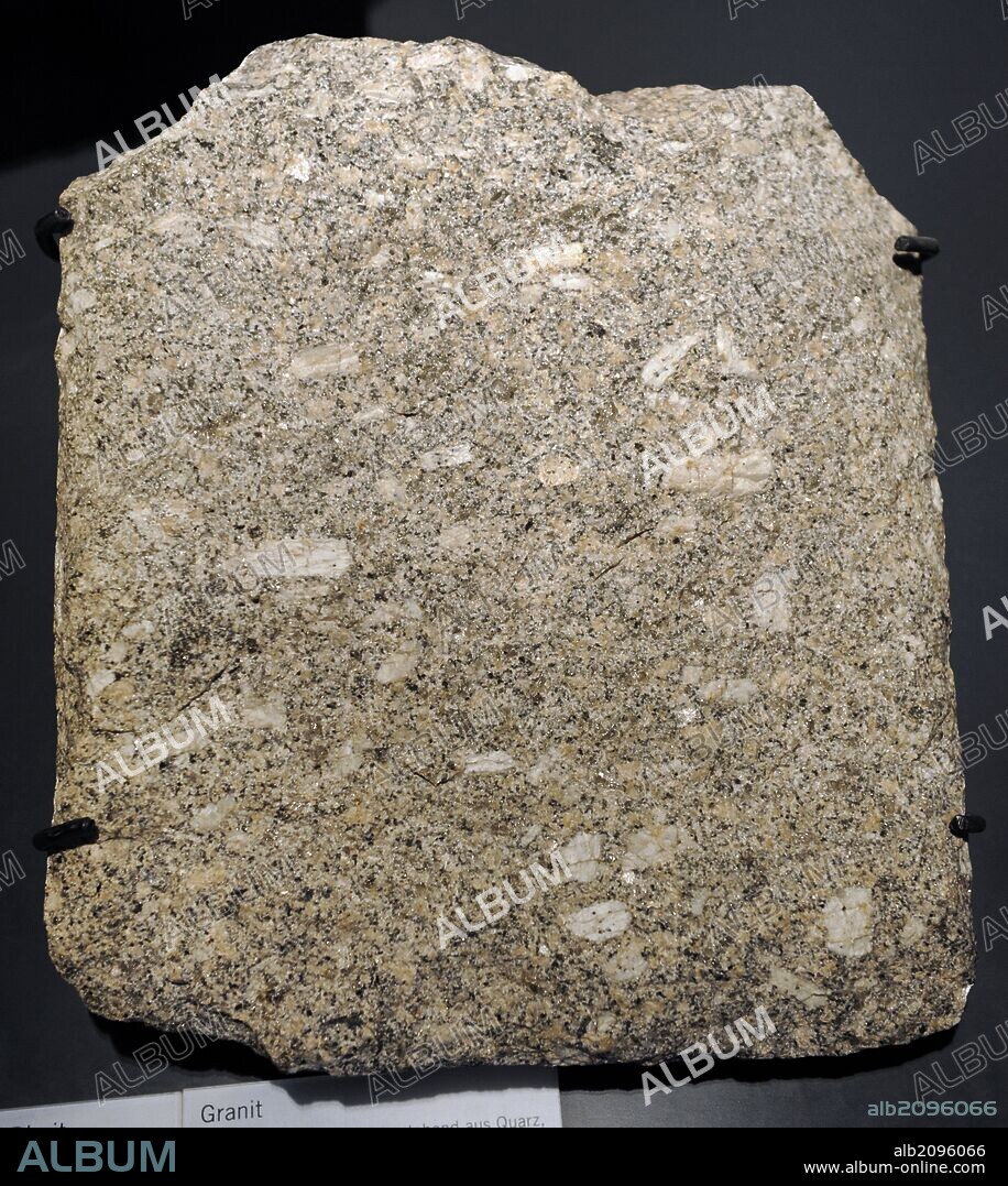 Granito, "piedra berroqueña". Roca ígnea plutónica constituida esencialmente por cuarzo, feldespato y mica. Pieza procedente de Schneeberg, Alemania. Museum fur Naturkunde. Berlin. Alemania. Europa.