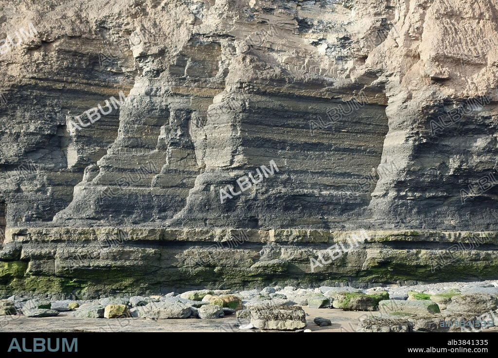 Fossil-bearing sedimentary rock strata forming the cliffs at Robin Hood's Bay, a coastal bay with a Jurassic cliff coastline, North Yorkshire, UK, in October. This section of the Yorkshire coast is popular with fossil hunters.