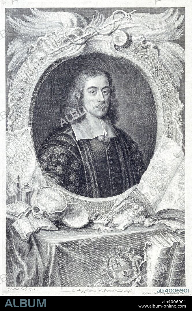 Thomas Willis, physician, 1742. To the left of his portrait are parts of a skull and a diagram of the spine and ribcage. To the right are several books, one open at a page to show a particular diagram. Willis was the first to distinguish the form of diabetes known as 'diabetes mellitus' and carried out pioneering studies into the anatomy of the brain. He also worked on diseases of the nervous system and muscles and became professor of natural philosophy at Oxford in 1660. He was also founder of the Royal Society.