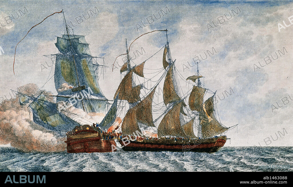 "BATALLA NAVAL" (SIGLOS XVII-XVIII). LA CORBETA FRANCESA "BAYONNOISE", de tres palos y vela cuadrada, ABORDANDO A LA FRAGATA INGLESA "AMBUSCADE". Grabado del siglo XIX.