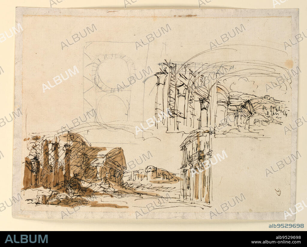 GIUSEPPE BARBERI. Two different sketches of classical buildings in landscape and rough sketch of ground plan. Date: early 19th century. Pen and brown ink, brush and brown wash, graphite on lined off-white laid paper.
