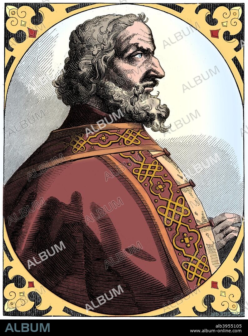 Charlemagne (712-814), Holy Roman Emperor and King of the Franks, 16th century (1849). A 19th century version based on an original 16th century manuscript illustration held by the Cabinet des Estampes, Bibliothèque Nationale Paris. From Le Moyen Age et la Renaissance, by Paul Lacroix, Ferdinand Séré and A Rivaud, Volume III (Paris, 1849). (Colorised black and white print).