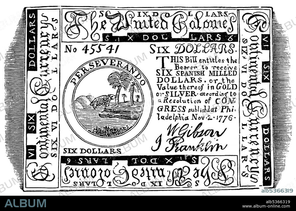 Historical drawing from the U.S. history of the 18th century, a Continental Dollar, first currency of the U.S. which the Continental Congress introduced to finance the war for independence from the British Empire in 1776