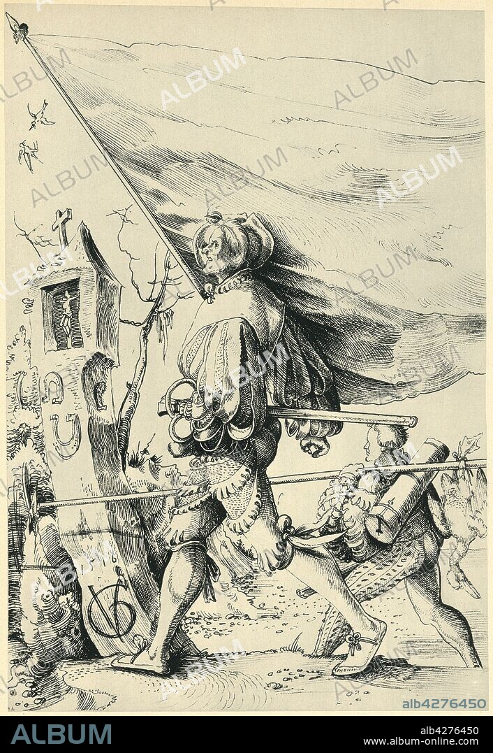 URS GRAF. Mercenaries, 1516, (1943). Men wearing slashed garments walking past a wayside shrine. Drawing in the Kunstmuseum, Basel, Switzerland. From "Europäische Handzeichnungen", (Five Hundred Years of European Drawings), by Bernhard Degenhart. [Atlantis-Verlag Berlin, Zürich, 1943].