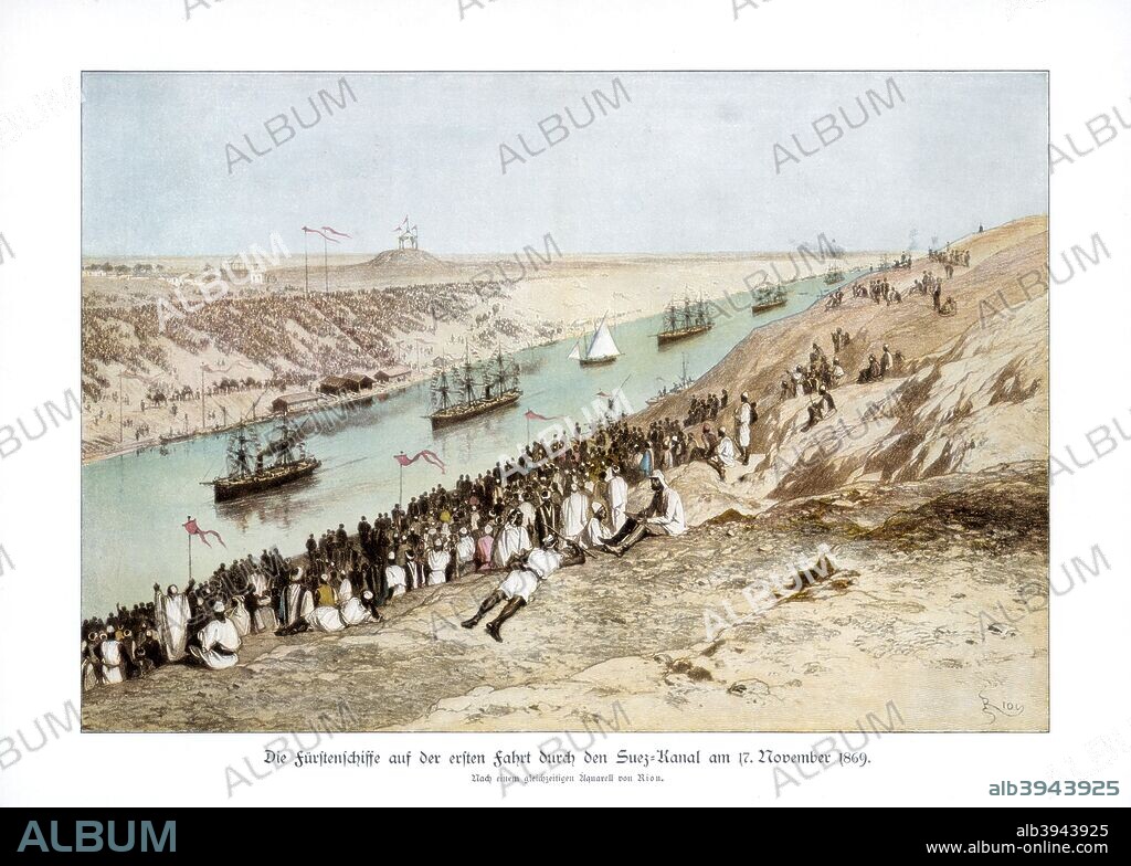 The inauguration of the Suez Canal, 17 November 1869, (1900). Crowds watch the first ships to travel through the canal which was designed by French engineer Ferdinand de Lesseps. It was opened by the Empress Eugenie.