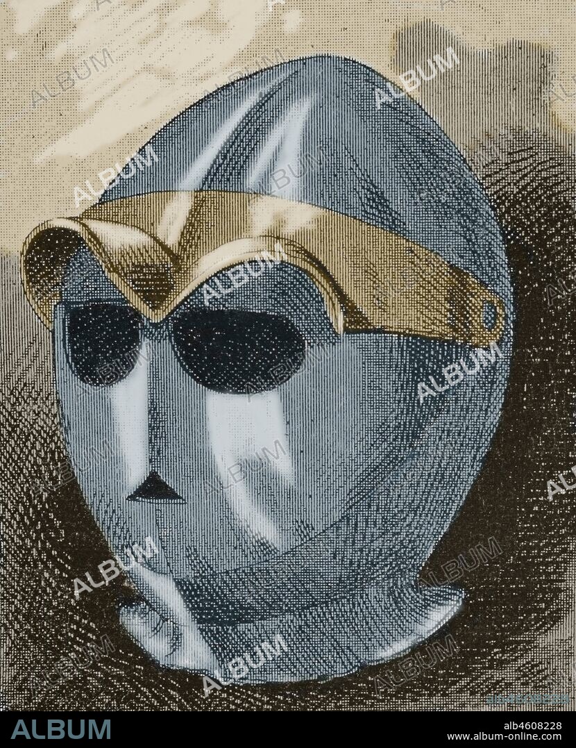 Celada de encaje. Grabado. "Museo Militar del Ejérrcito Español", Tomo I. Evaristo Ullastres Editor. Barcelona, 1883. Coloreado.