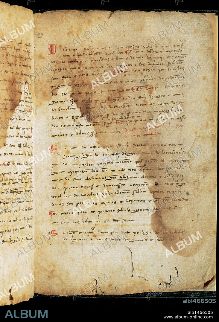"USATGES DE CATALUNYA I CONSTITUCIONS PRIMITIVES. Costums de Catalunya entre senyors i vasalls". SIGLO XIII. Redactado en tiempos de Jaime I el Conquistador. Manuscrito 157, folio 22. Museo Episcopal de Vic. Comarca de Osona. Provincia de Barcelona. Cataluña.