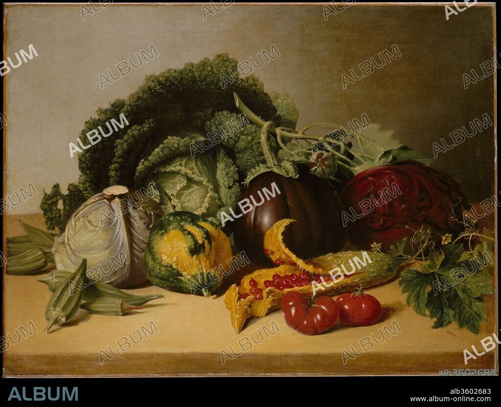 Still Life: Balsam Apple and Vegetables. Artist: James Peale (American, Chestertown, Maryland 1749-1831 Philadelphia, Pennsylvania). Dimensions: 20 1/4 x 26 1/2 in. (51.4 x 67.3 cm). Date: ca. 1820s.
This painting dates from a peak period of James Peale's career. While he typically used somber colors and linear forms, his use of vivid colors and painterly execution in this work suggest that it is a somewhat experimental exercise. With its focus on lavish vegetable forms, this work resembles still lifes of the Spanish school. The vegetables are, from left to right, okra, blue-green cabbage, crinkly Savoy cabbage, Hubbard squash, eggplant, balsam apple, tomatoes, and purple-red cabbage.