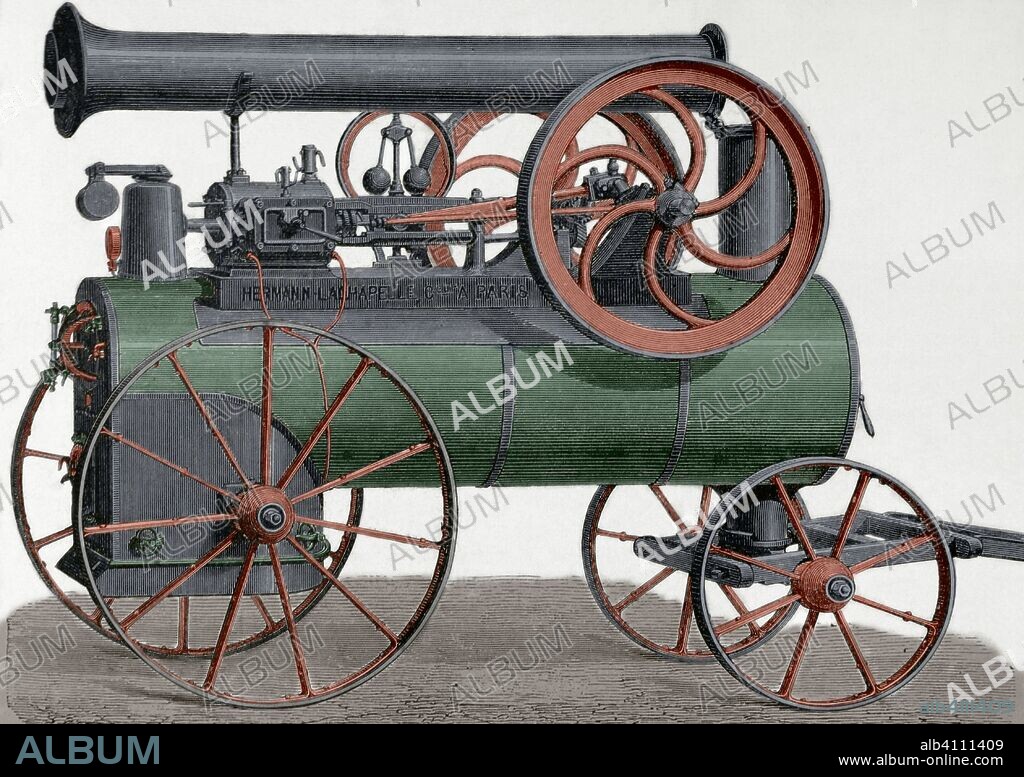 Máquina de vapor, horizontal, locomóvil y montada en tren de ruedas. Construida por el ingeniero y mecánico J. Hermann-Lachapelle. Grabado. La Ilustración Española y Americana, 1876. Coloreado.