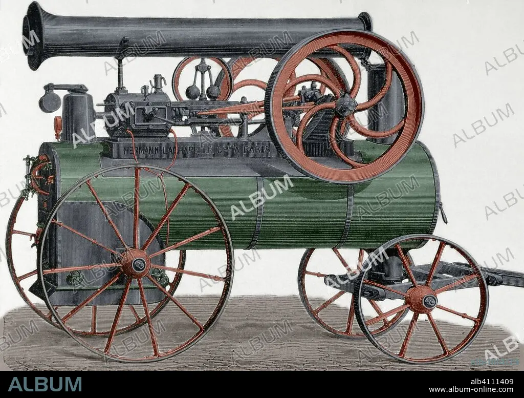 Máquina de vapor, horizontal, locomóvil y montada en tren de ruedas.  Construida por el ingeniero y mecánico J. Hermann-Lachapelle. Grabado. La  Ilustración Española y Ameri - Album alb4111409