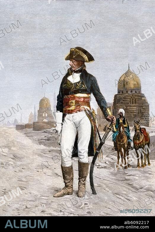 Napoleon Bonaparte at Cairo during his invasion of Egypt, 1798. Handcolored engraving from the painting by Jean-Leon Gerome.