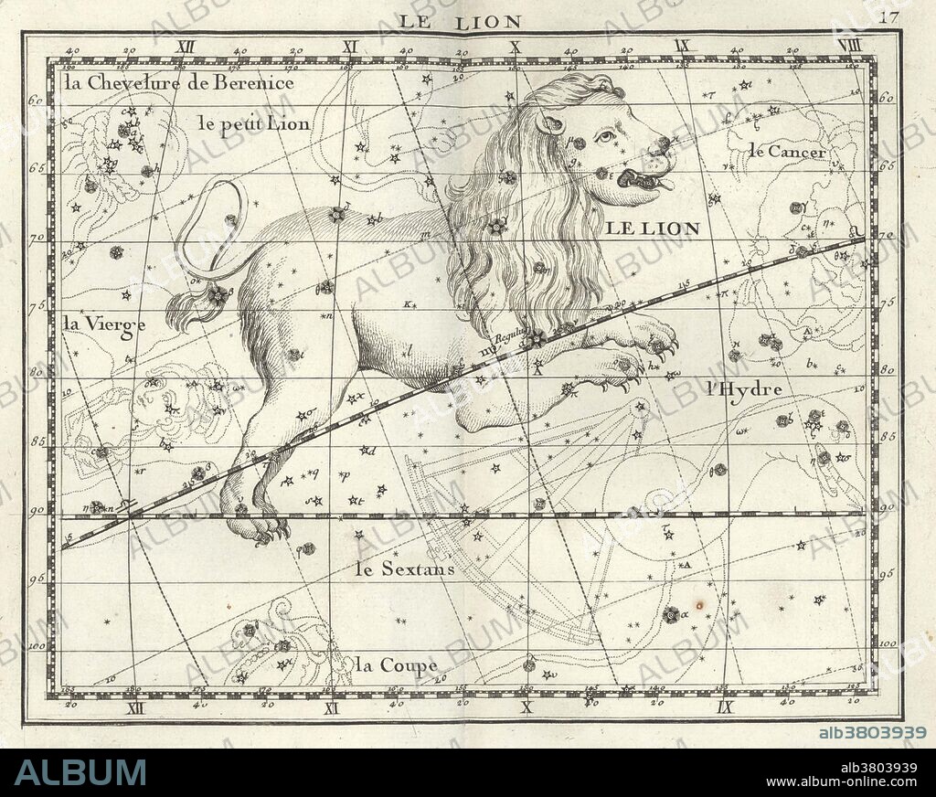 Leo is one of the constellations of the zodiac. Its name is Latin for lion. One of the 48 constellations described by the 2nd century astronomer Ptolemy, and it remains one of the 88 modern constellations defined by the International Astronomical Union. Leo was one of the earliest recognized constellations, with archaeological evidence that the Mesopotamians had a similar constellation as early as 4000 BC. Leo is the fifth astrological sign of the zodiac, originating from the constellation of Leo. It spans the 120-150th degree of the Tropical zodiac, between 125.25 and 152.75 degree of celestial longitude, which the Sun transits this area on average between July 23 to August 22 each year. The Atlas Coelestis is a star atlas published posthumously in 1729, based on observations made by the First Astronomer Royal, John Flamsteed. The Atlas, the largest that ever had been published and the first comprehensive telescopic star catalogue and companion celestial atlas, contains 26 maps of the major constellations visible from Greenwich, with drawings made in the Rococo style by James Thornhill. One of his main motivations to produce the Atlas, was to correct the representation of the figures of the constellations, as made by Bayer's, Uranometria (1603). Bayer represented the figures viewed from behind (not from the front, as was done since the time of Ptolemy), which reversed the placement of stars and created unnecessary confusion.