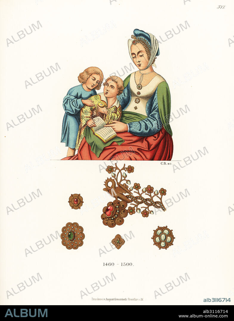 Dutch-style costume of a German woman and children, late 15th century. Her jewelry is shown enlarged below. The book is wrapped in a cloth cover. From a painting of the Dutch school in Frankfurt State Institute. Chromolithograph by C. Regnier from Hefner-Alteneck's Costumes, Artworks and Appliances from the Middle Ages to the 17th Century, Frankfurt, 1889. Dr. Hefner-Alteneck (1811 - 1903) was a German museum curator, archaeologist, art historian, illustrator and etcher.