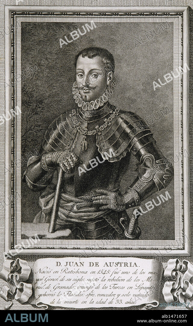 JUAN DE AUSTRIA (Ratisbona, 1545-Namur, 1578). Príncipe español, hijo natural de Carlos V y Bárbara de Blomberg. Su prestigio militar hizo que en 1571 se le concediera el mando de la escuadra de la Santa Liga, con la que venció en Lepanto. En 1576 fue enviado a los Países Bajos, donde trató de aplicar la conciliación. Grabado.