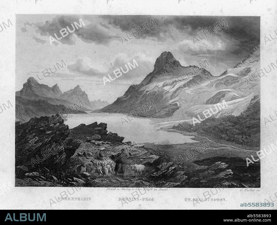 Bernina-Alpengruppen (Oberengadin, Kanton Graubünden, Schweiz), Bernina-Paß. (2330 m). Ansicht des Bernina-Passes. Stahlstich, um 1850, von Kaspar Ulrich Huber (1825-1882). 15 × 21 cm. Berlin, Sammlung Archiv für Kunst und Geschichte.
