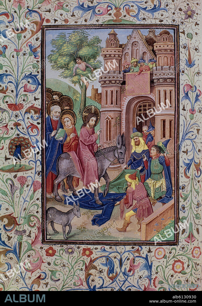 LIBRO DE HORAS DE ISABEL LA CATOLICA - FOL 116 - ENTRADA DE JESUS EN JERUSALEM - SIGLO XV - VITELA - 21,7x14 cm.