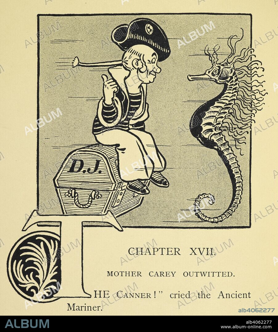 PERCY ALEXANDER LEASON and PAUL WEST. A pirate sitting on Davy Jone's locker, looking at a seahorse. The Pearl and the Pumpkin ... With pictures by Denslow. T. Fisher Unwin: London; New York [printed, 1904]. Source: 12809.o.48 page 176.