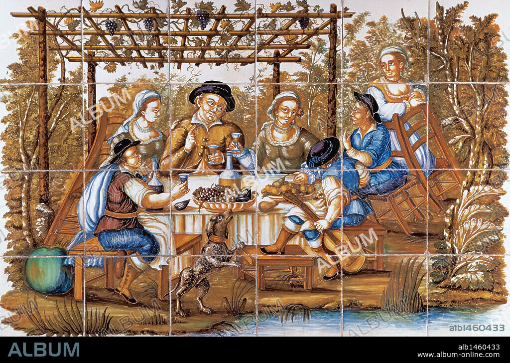 SOCIEDAD S. XVIII. REUNIDOS ALREDEDOR DE LA MESA. Azulejos del S. XIX. Museo Nacional de Cerámica de Valencia Gonzalez Marti. España.