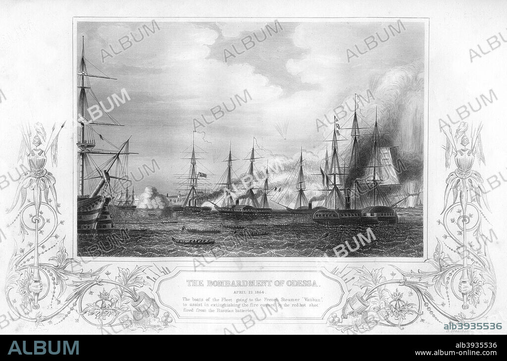 The bombardment of Odessa, Ukraine, during the Crimean War, 1854 (1857). 'The boats of the fleet going to the French steamer 'Vauban', to assist in extinguishing the fire caused by red hot shot fired from the Russian batteries'. From England's Battles by Sea and Land, volume I: Russia and Turkey, by Lieutenant Colonel Williams, Published by The London Printing and Publishing Company (1857).