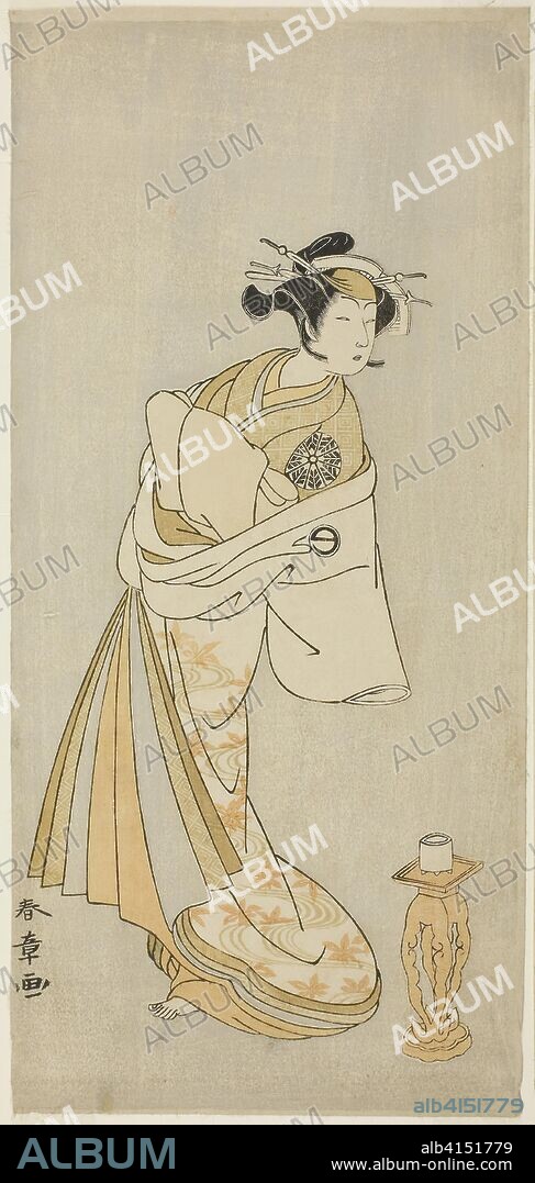 The Actor Nakamura Noshio I as the Spirit of the Courtesan Takao, in the Shosagoto Dance Sequence "Sono Utsushi-e Matsu ni Kaede" (A Shadow-Picture of Pine and Maple), the Last Scene of Part Two of the Play Keisei Momiji no Uchikake (Courtesan in an Over-Kimono of Maple Leaf Pattern), Performed at the Morita Theater from the Ninth Day of the Ninth Month, 1772. Katsukawa Shunsho ?? ??; Japanese, 1726-1792. Date: 1767-1777. Dimensions: 32.3 x 15 cm (12 11/16 x 5 7/8 in.). Color woodblock print; hosoban. Origin: Japan.