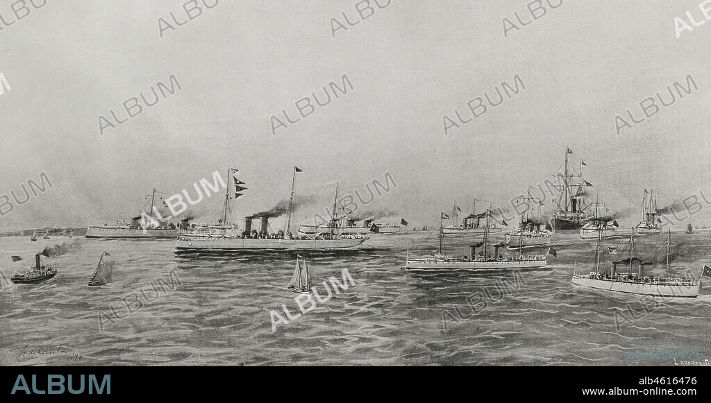 ANTONIO DE CAULA (1847-C. 1904). SPANISH ARTIST.. Guerra hispano-estadounidense (1898). Destructores y torpederos destinados a la isla de Cuba. De izquierda a derecha: Destructor, Halcón, Audaz y Ariete. Dibujo por Caula. Fotograbado por Laporta. La Ilustración Española y Americana, 1898.