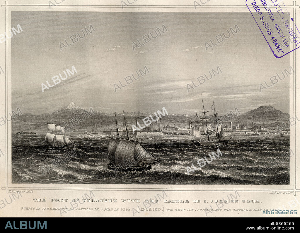 JOHANN MORITZ RUGENDAS. THE PORT OF VERACRUZ WITH THE CASTLE OF S. JUAN DE ULUA- PUERTO DE VERACRUZ CON EL CASTILLO DE S. JUAN DE ULUA (MEXICO), 1859.
