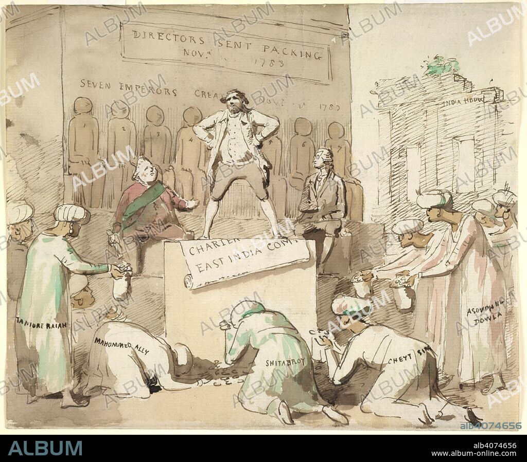 SIR NATHANIEL DANCE. Offering gold to Charles James Fox. 1783. Caricature showing Tulsaji (Raja of Tanjore), Muhammad 'Ali (Nawab of Arcot), Shitab Rai (Naib of Bihar), Chet Singh (Raja of Benares) and Asaf-ud-daula (Nawab of Oudh) offering gold to Charles James Fox who is standing on the East India Company's Charter with Burke sitting on his left and George III on his right. Pen-and-ink and water-colour; 7.5 by 9 ins.  Originally published/produced in 1783. . Source: WD 1032,.