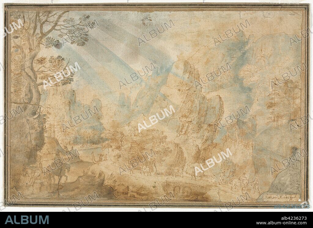 Mountain Landscape with Figures, first half 1600s. Anton Mirou (Flemish, bef 1586-aft 1661). Pen and brown ink and brush and gray wash with blue and green watercolor, over traces of black chalk, with white paint; image: 20.8 x 32.2 cm (8 3/16 x 12 11/16 in.).