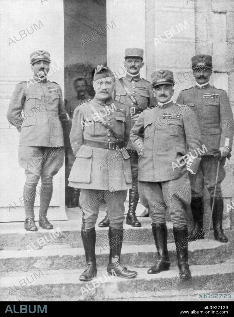 General Diaz and General Foch meeting at the Italian headquarters, Italy, 2 May 1918. Diaz (1861-1928) was Italian Chief of Staff from October 1917 until the end of the war. Foch (1851-1929) was chosen as supreme commander of the Allied armies on 26 March, 1918, five days after the start of the German Spring Offensive, which threatened to end the war in Germany's favour.