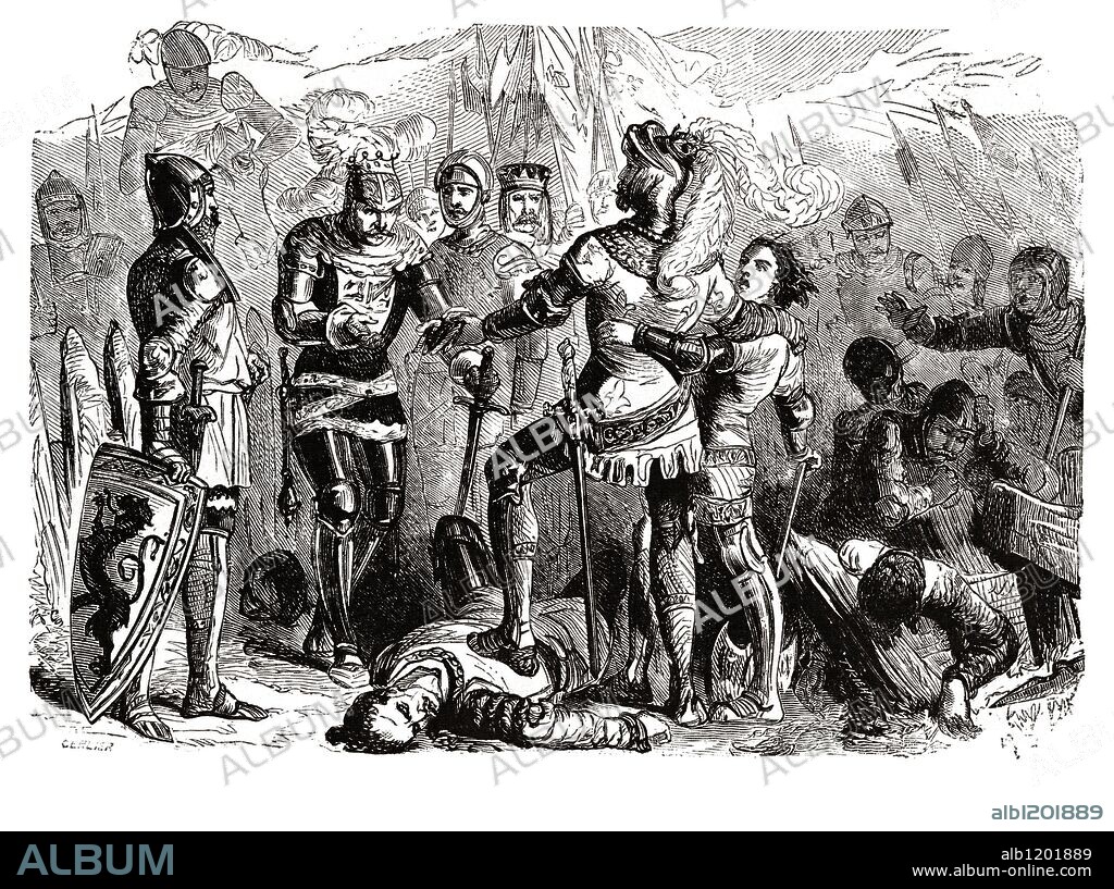 Juan II, el Bueno (1319-1364), Rey de Francia. En la guerra contra los ingleses, fue vencido y hecho prisionero en Poitiers el 19 de septiembre de 1356. Grabado de 1866.