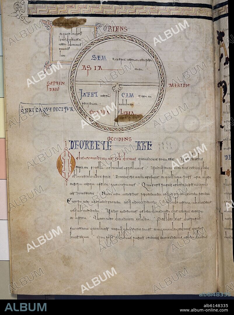 PAULO OROSIO (385-420). PAGINA COPIADA EN CALIGRAFIA CAROLINGIA DE LA HISTORIA LIBRI VII ADVERSUS PAGANUS-F200V-COD MISCELANEO DE RODA.MAPA:SEM,JAFET,CAM PUEBLAN TIERRA TRAS.