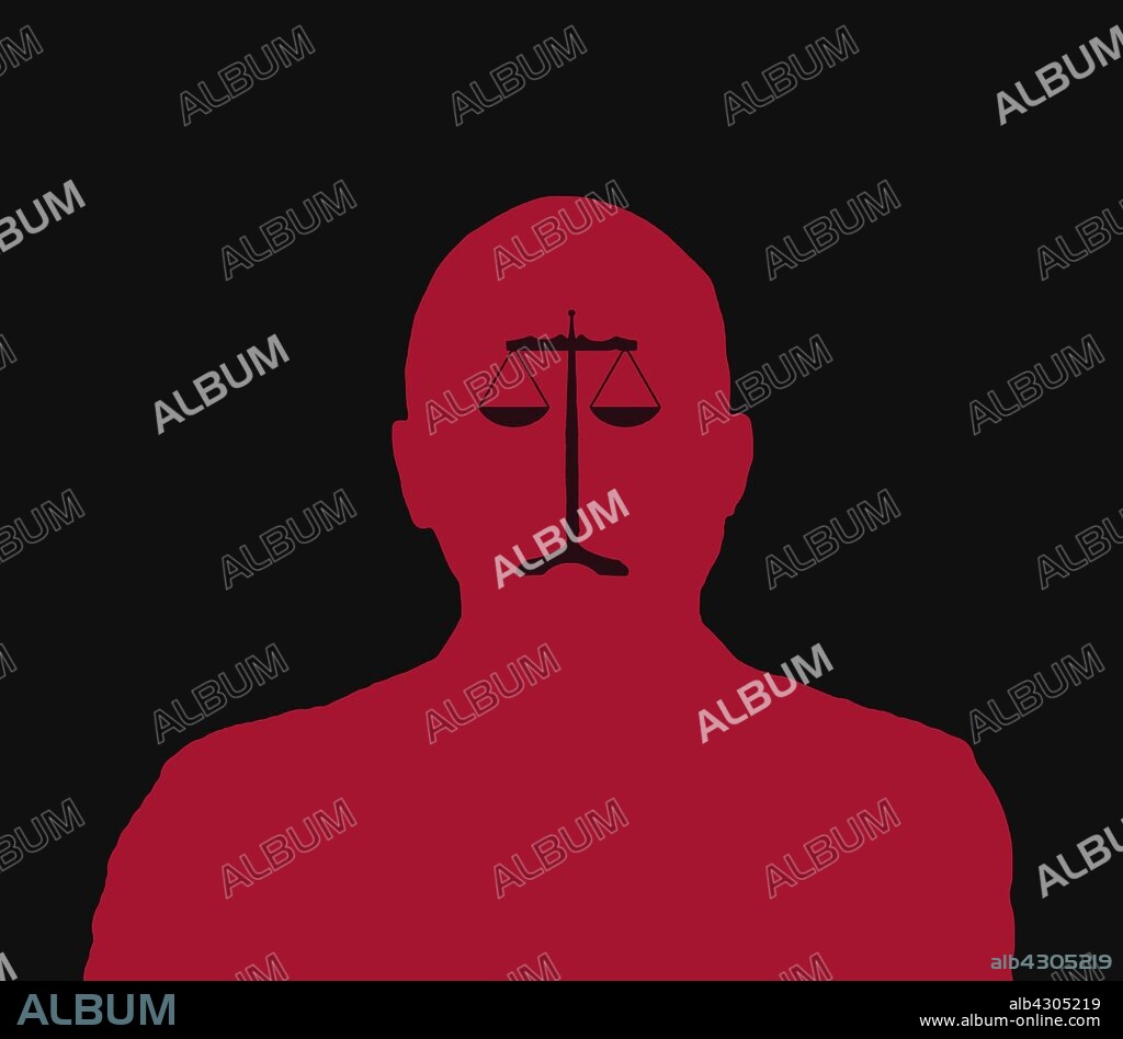 Scales of justice forming sad face on silhouette of man.