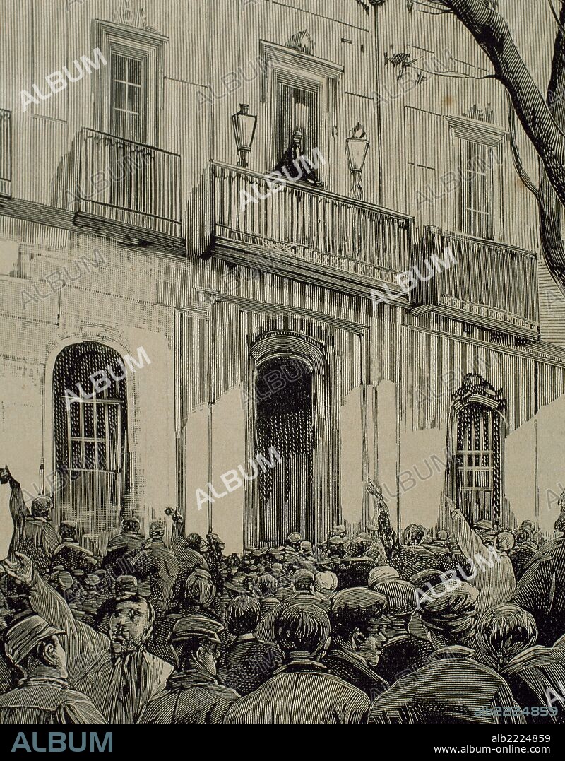 HISTORIA DE ESPAÑA. BARCELONA (CATALUÑA). MANIFESTACION OBRERA. El Gobernador Civil saludando a los manifestantes desde el balcón principal del Palacio. Grabado por Rico. "La Ilustración Española y Americana", año 1890.