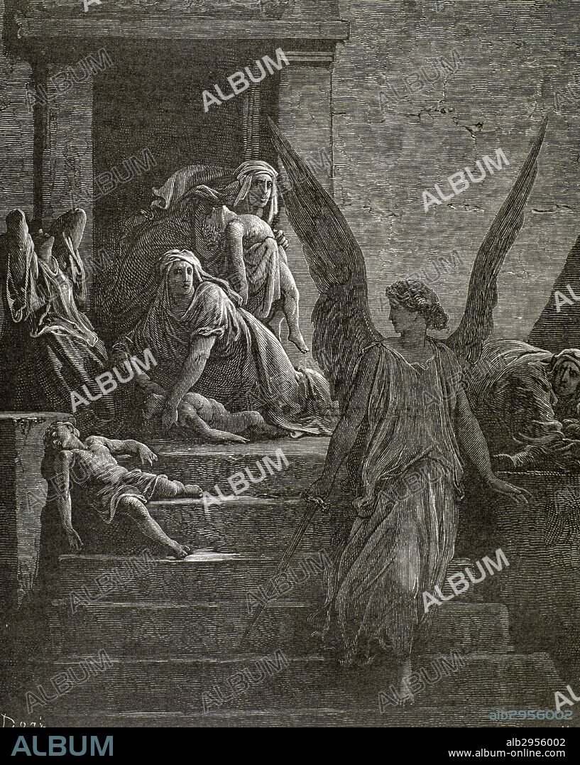 Libro del Éxodo. Las diez plagas de Egipto. Décima plaga: la muerte de los primogénitos. Última plaga enviada por Dios al faraón egipcio para que éste liberara a los israelitas de la esclavitud. Grabado de Gustave Doré.