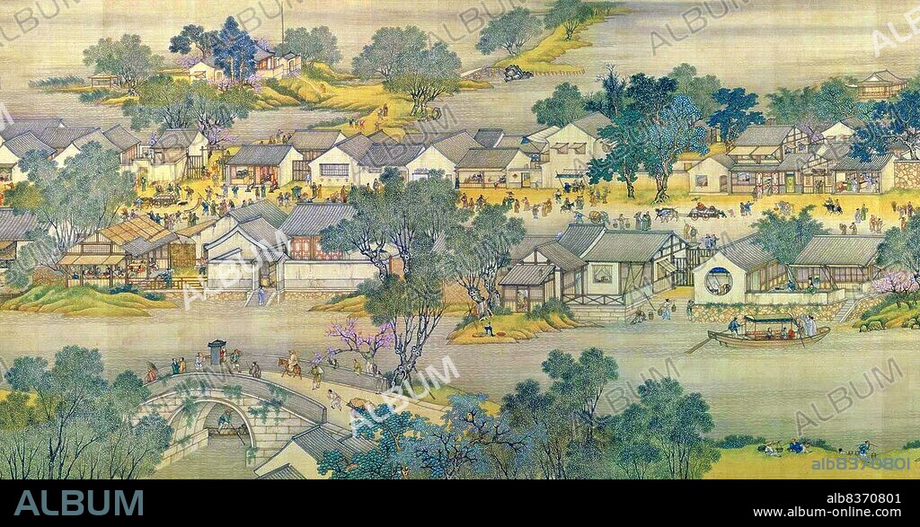 'Along the River During the Qingming Festival' is a painting by the Song dynasty artist Zhang Zeduan (10851145). It captures the daily life of people and the landscape of the Northern Song capital, Bianjing, today's Kaifeng. The theme is said to celebrate the festive spirit and worldly commotion at the Qingming Festival, rather than the holiday's ceremonial aspects, such as tomb sweeping and prayers.<br/><br/>. Successive scenes reveal the lifestyle of all levels of the society from rich to poor as well as different economic activities in rural areas and the city, and offer glimpses of period clothing and architecture. The scroll is 25.5 centimetres (10.0 inches) in height and 5.25 meters (5.74 yards) long. In its length there are 814 humans (of whom only 20 are women), 28 boats, 60 animals, 30 buildings, 20 vehicles, 8 sedan chairs, and 170 trees. The countryside and the densely populated city are the two main sections in the picture, with the river meandering through the entire length.<br/><br/>. The original painting is the most celebrated work of art from the Song dynasty. Due to this high artistic reputation, it has inspired several works of art that revived and updated the style of the original. The version presented here was made by five Qing dynasty court painters (Chen Mu, Sun Hu, Jin Kun, Dai Hong and Cheng Zhidao) and presented to the Qianlong Emperor on January 15, 1737.<br/><br/>. There are many more people, over 4,000, in the Qing remake, which also is much larger (at 11 metres by 35 cm, or 37 ft by 1 ft). The full scroll should be viewed from right to left.