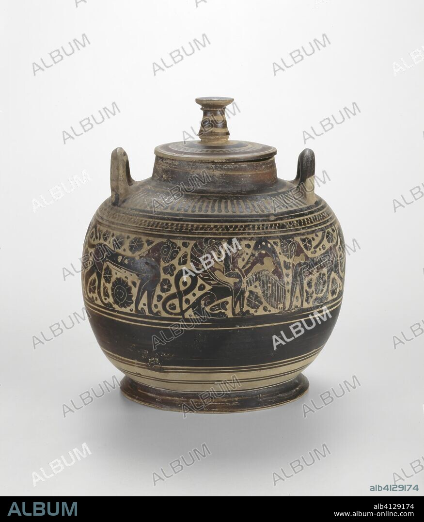 Pyxis (Container for Personal Objects). Greek; Corinth; Attributed to the Ampersand Painter. Date: 580 BC-570 BC. Dimensions: 14 × 15 × 15 cm (5 1/2 × 5 7/8 × 5 7/8 in.). Terra-cotta, decorated in the black-figure technique. Origin: Corinth.