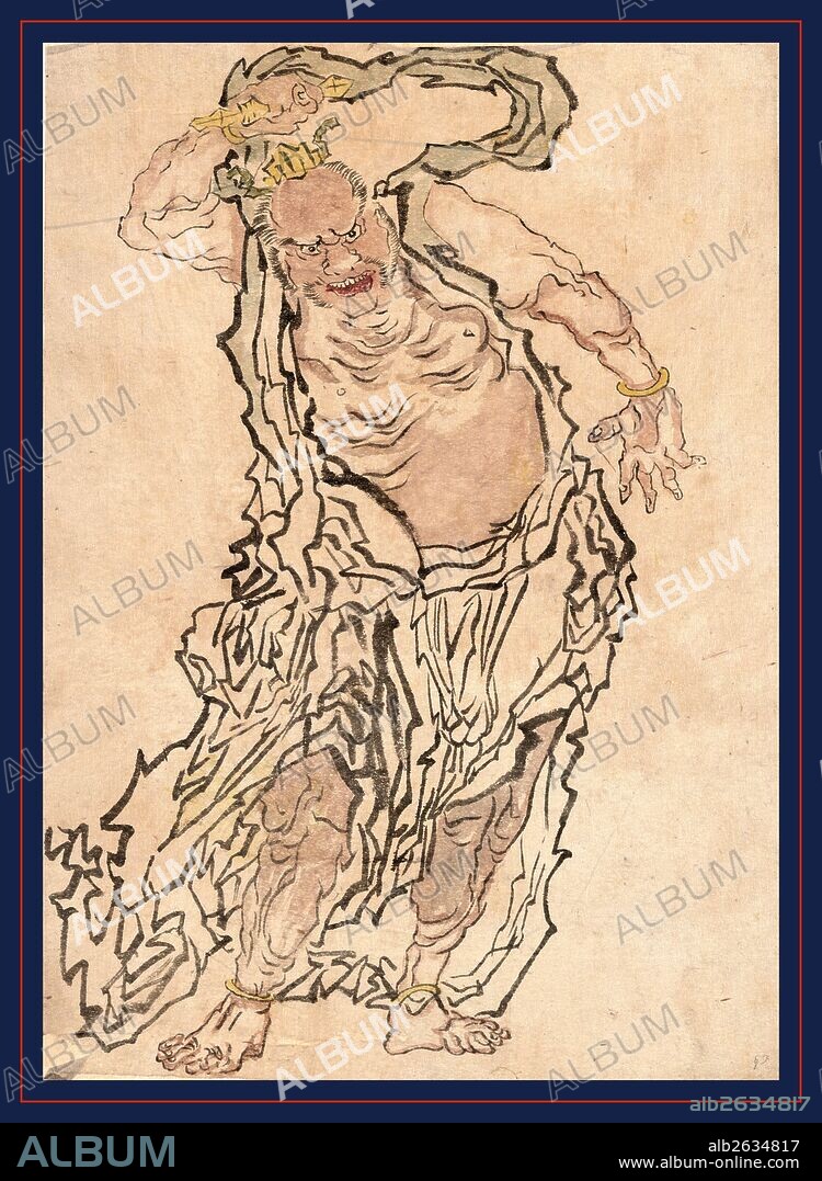 Niozo (agyo), Buddhist gate guardian Agyo., [between 1804 and 1844], 1 drawing : ink and light colors ; 37.7 x 26.9 cm., Drawing shows Agyo, the Buddhist nio protector or temple guard with mouth open, full-length portrait, standing, facing front, with right hand raised over his head; (companion god to Ungyo, the closed-mouth nio protector).