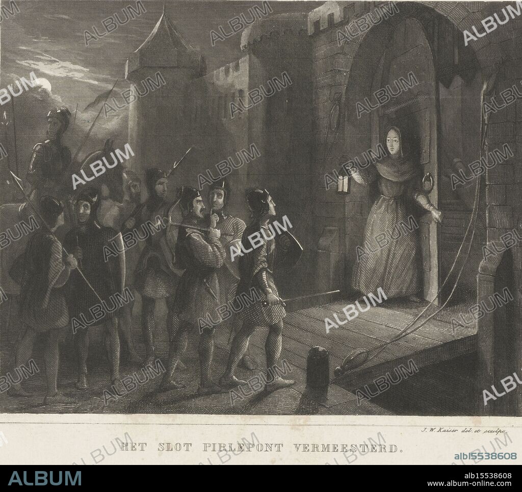 Kaiser, Johann Wilhelm (I), Netherlands, Pirlepont Castle conquered, Conquest of Pirlepont Castle, 1401, Jan van Arkel's mother conquers Pirlepont Castle disguised as a leper, 1401. The woman opens the castle gate at night so that the soldiers can enter over the drawbridge., print, picture, history print, prints, pictures, Frederik Muller History plates, height 191 mm, width 235 mm, Dutch, 1813-01-05 - 1900-11-29, print maker, printmaker, 1842 - 1844, second quarter 19th century, paper, steel engraving, Work conception, after own design by.