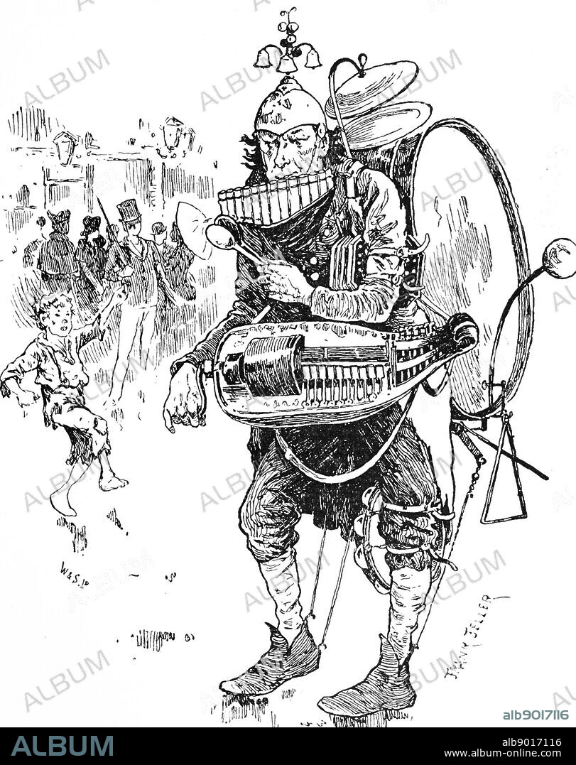 Illustration depicting a one man band. He is managing to entertain people with a Hurdy Gurdy, Pan Pipes, Spoons, Drum, Triangle, Cymbals, Bells, Tambourine strapped to his knee, and what looks like an accordion under his arm. Dated 19th century.
