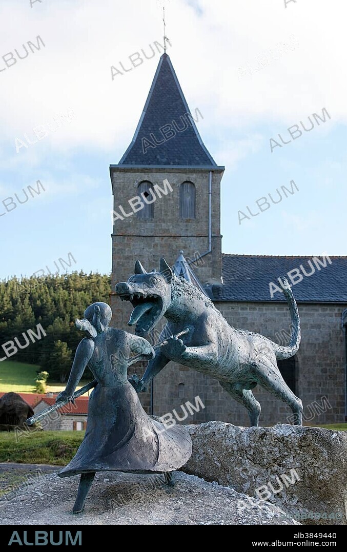 Monument of the Beast of Gévaudan in the village of Auvers, Gévaudan, Haute Loire, Auvergne, France, Europe.